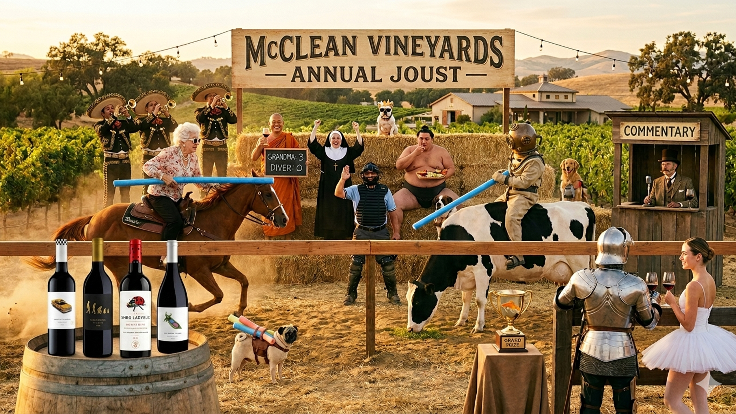 The McClean Vineyards Annual Joust at a Paso Robles ranch party at golden hour: an elderly grandmother in pearls and rhinestone sunglasses charges on horseback with a pool-noodle lance while her opponent, a deep-sea diver in a brass helmet, sits stranded on a Holstein cow that has stopped to eat grass. A baseball umpire officiates, a monk holds a scoreboard reading Grandma 3 Diver 0, mariachi heralds play trumpets, a Victorian gentleman commentates from a wooden booth, a pug squire carries spare pool noodles, a knight ignores the joust to share wine with a ballerina, and the grand prize trophy contains a live koi fish.